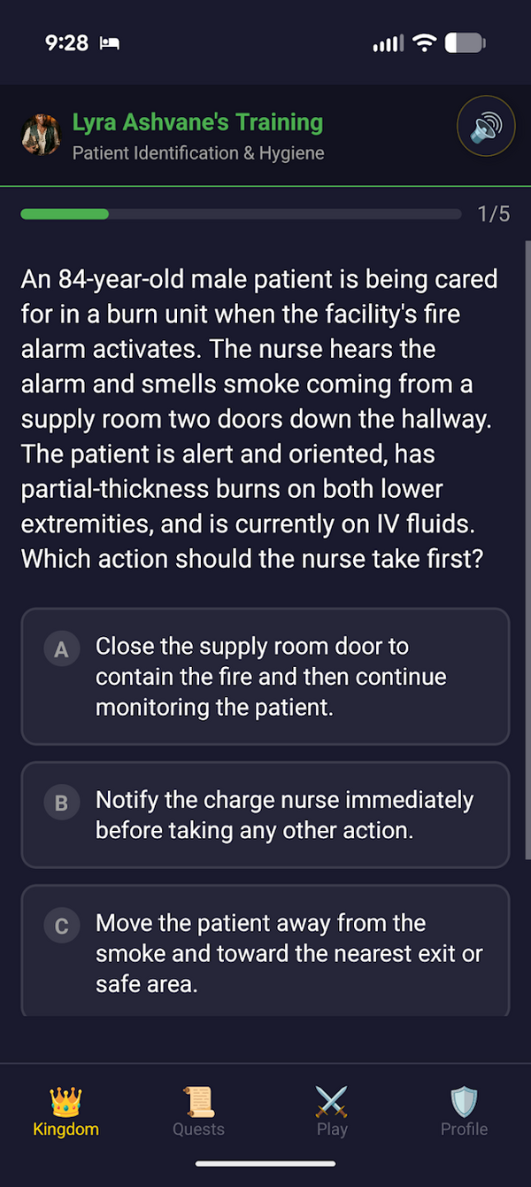 A Next Gen NCLEX case-study question in NCLEX Kingdom, showing the scenario and
three answer choices.